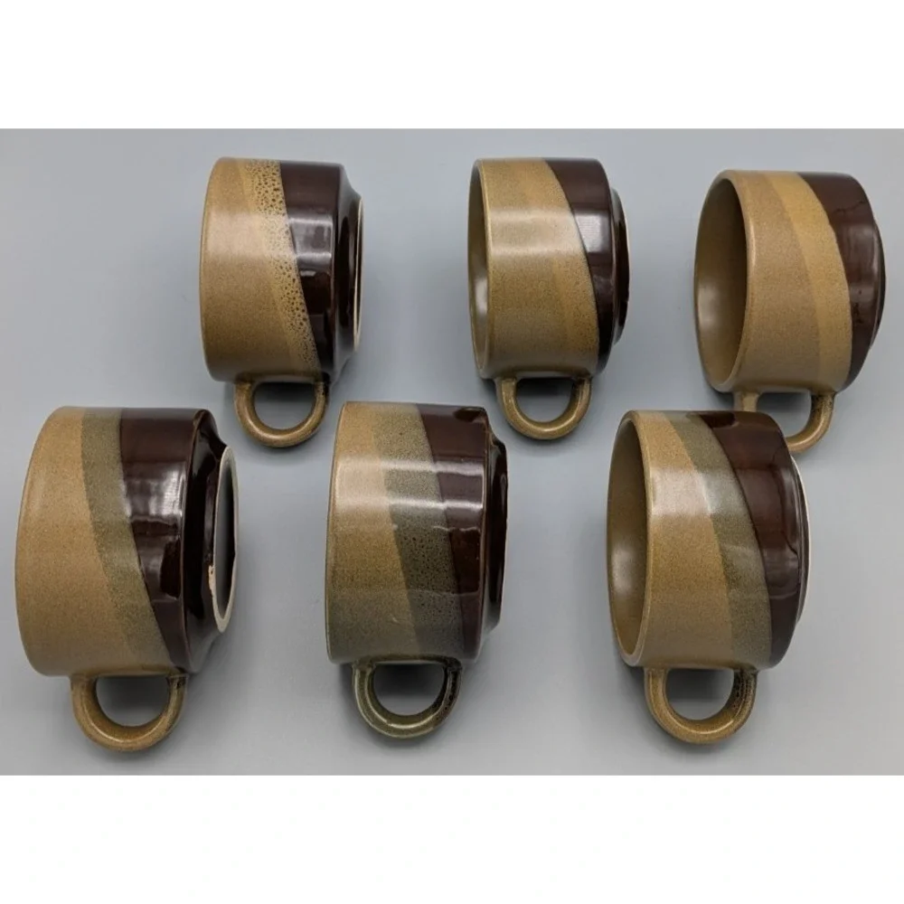 VTG Brown 3 Color Ombre Stoneware Pottery Chili Soup Bowl Mugs w/Handle Set Of 6
